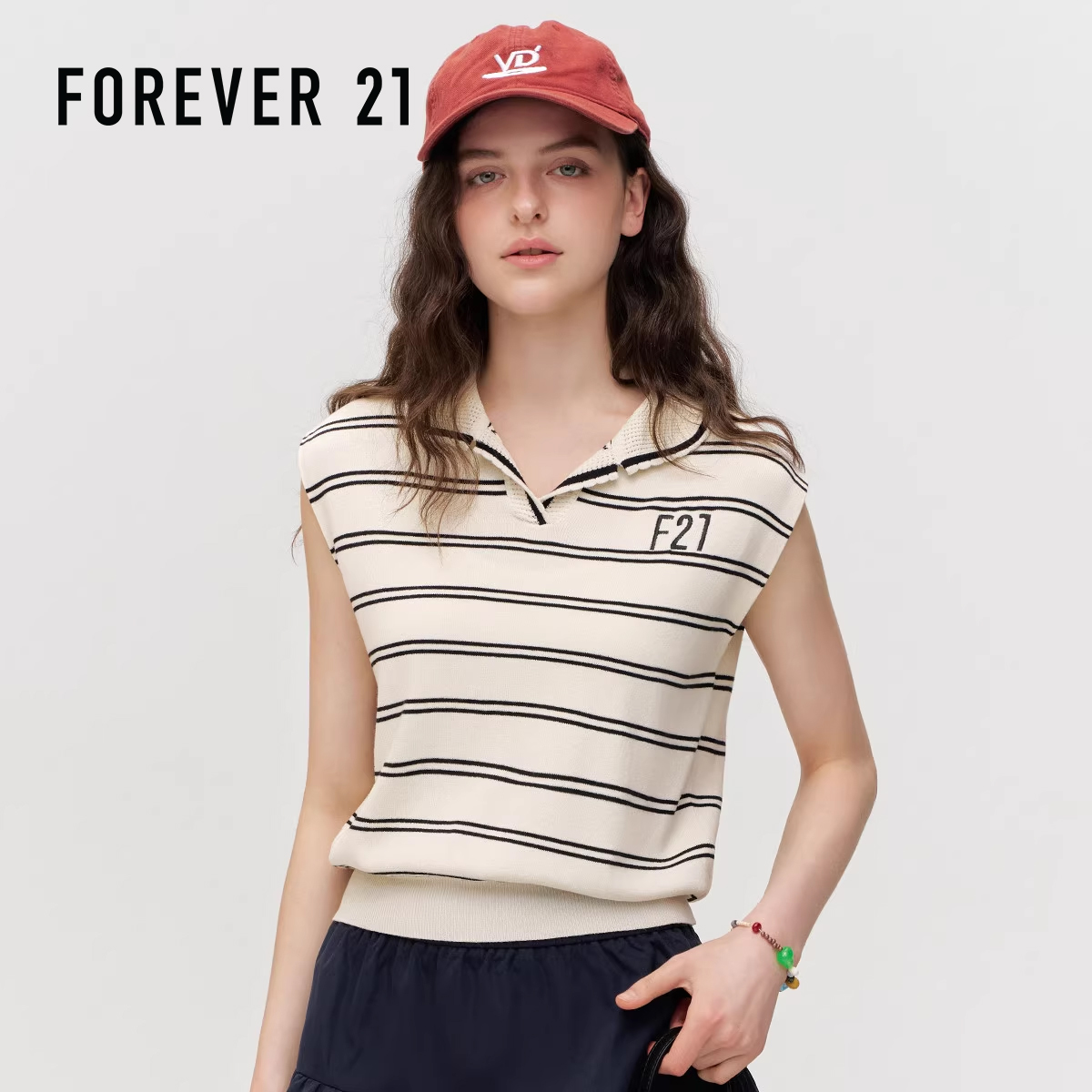 撞色条纹设计v领百搭针织T恤衫