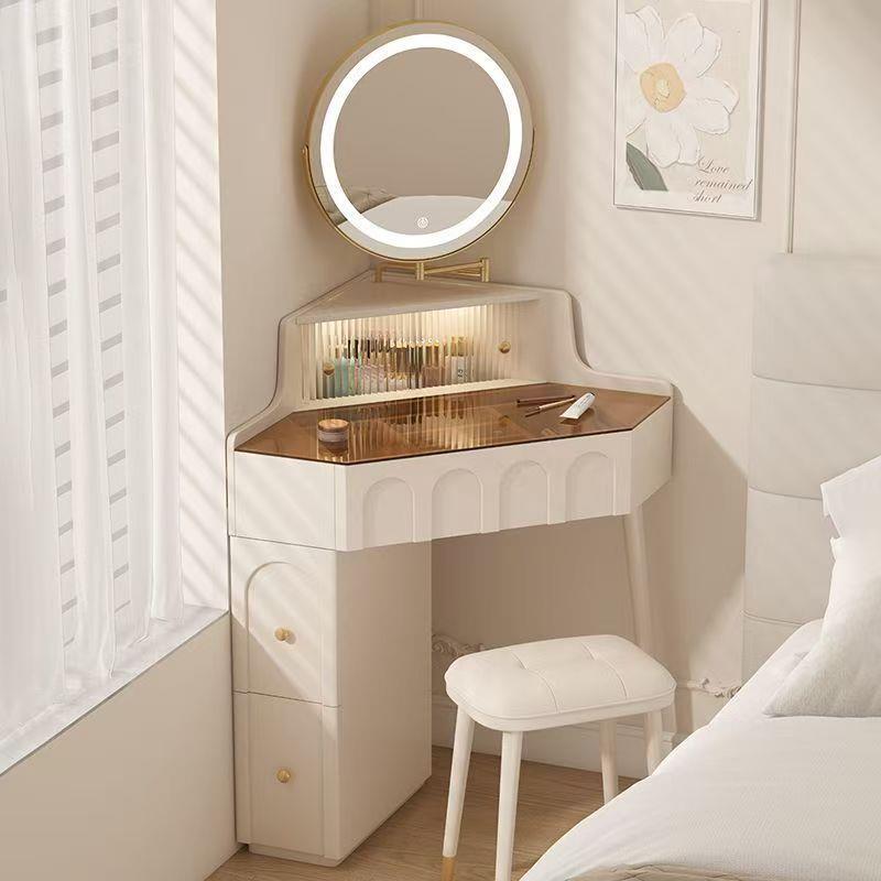 实木小户型拐角梳妆台卧室家用墙角化妆桌带化妆镜转角床头柜一体