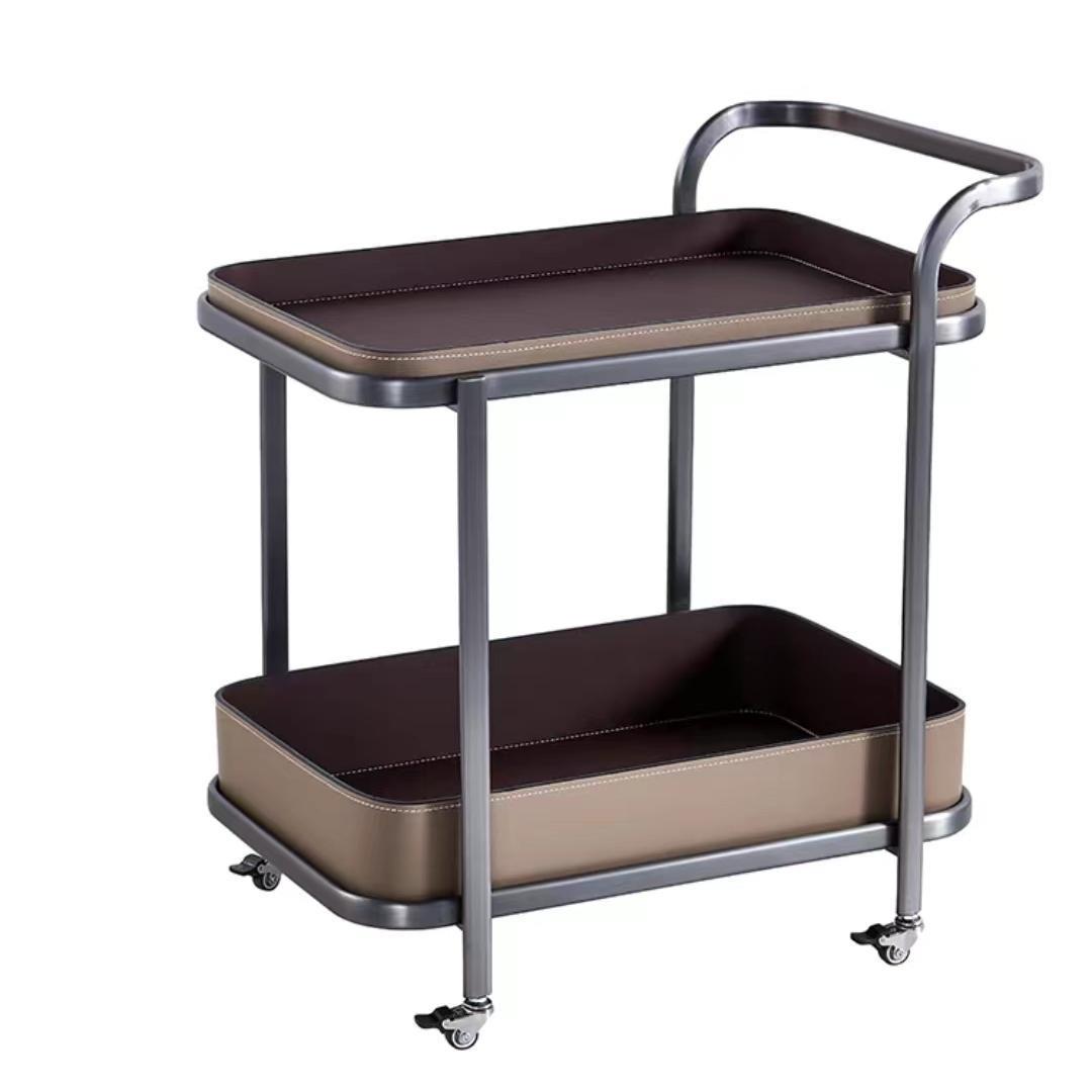 轻奢马鞍皮移动沙发边几小推车茶几客厅家用不锈钢角几带轮置物架