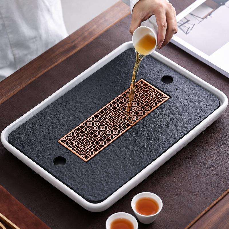 陶瓷底盘多色茶盘乌金石茶台现代简约小型储水干泡台排水石头托盘