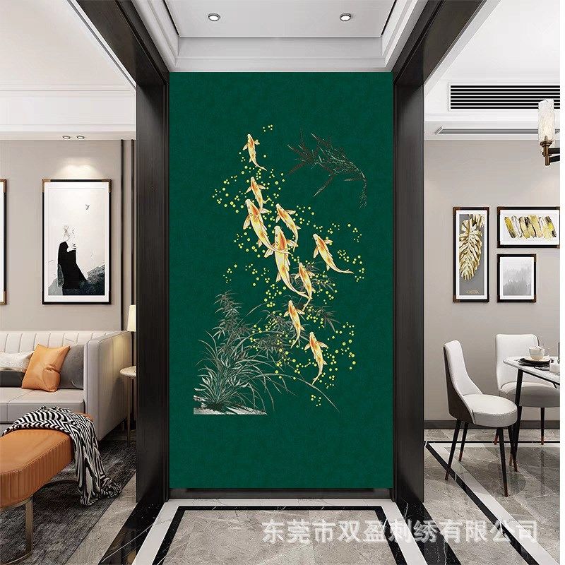 独绣九鱼图玄关背景墙布独秀刺绣壁布走廊现代新中式卧室客厅新款