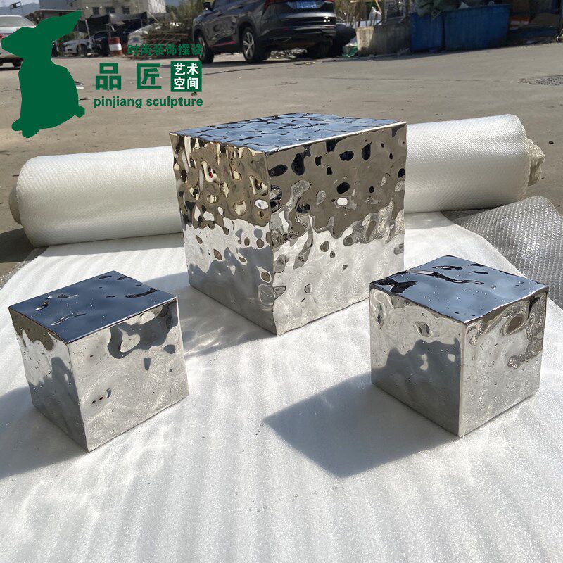 不锈钢镜面波浪纹方块摆件酒店大堂售楼处客厅玄关金属装饰品雕塑