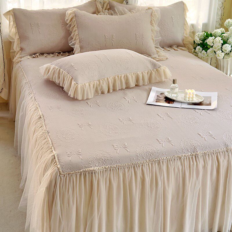 夏季裸睡冰豆豆凉席床裙款三件套公主风蕾丝边纯色凉感空调软席子
