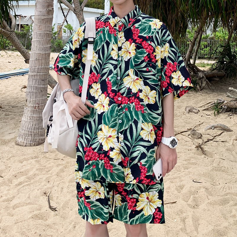 夏季沙滩套装男花衬衫时r尚休闲运动夏威夷情侣海边旅游度假两件