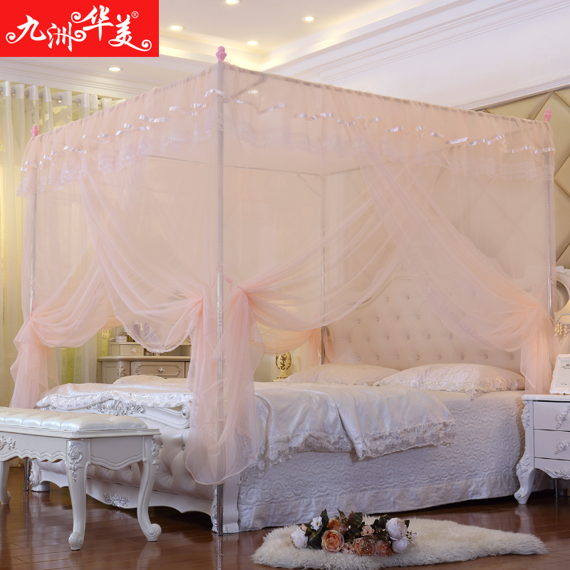 单开门蚊帐宫廷落地公主床四柱导轨蚊帐不锈钢支架1.5/1.8m米三门
