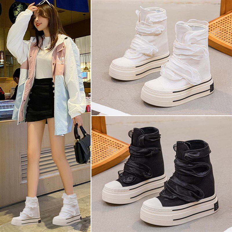 高筒帆布鞋女厚底增高12厘米2025秋G冬甜酷小个子蕾丝木耳边魔术