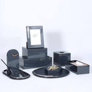 木质钢琴烤漆深蓝色多功能纸巾盒托盘摆件样板房卧室高级感摆设