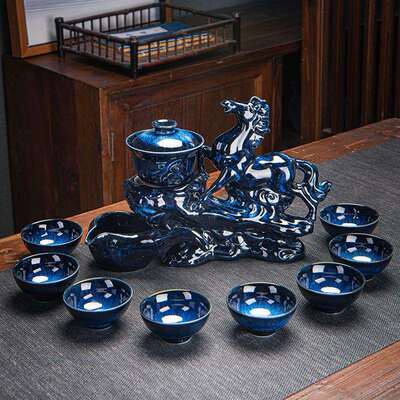 乳光蓝釉钧瓷自动茶具套装高端茶楼花釉窑变彩斑陶瓷茶具旋转出水