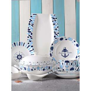 骨瓷碗碟套装北欧简约创意地中海餐具陶瓷碗盘组合家用2/4人韩式