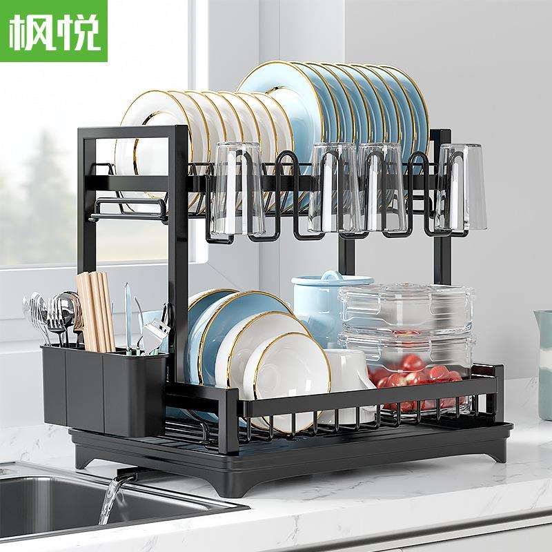 厨房碗碟沥水架双层收纳架带杯架防滑碗筷置物架可拆卸沥水碗架