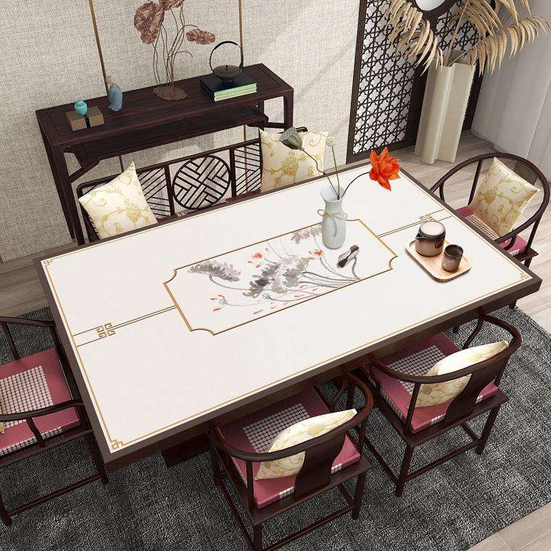 中式素雅PU皮革餐桌垫布桌布防水防油家用国风免洗防尘茶几垫台布
