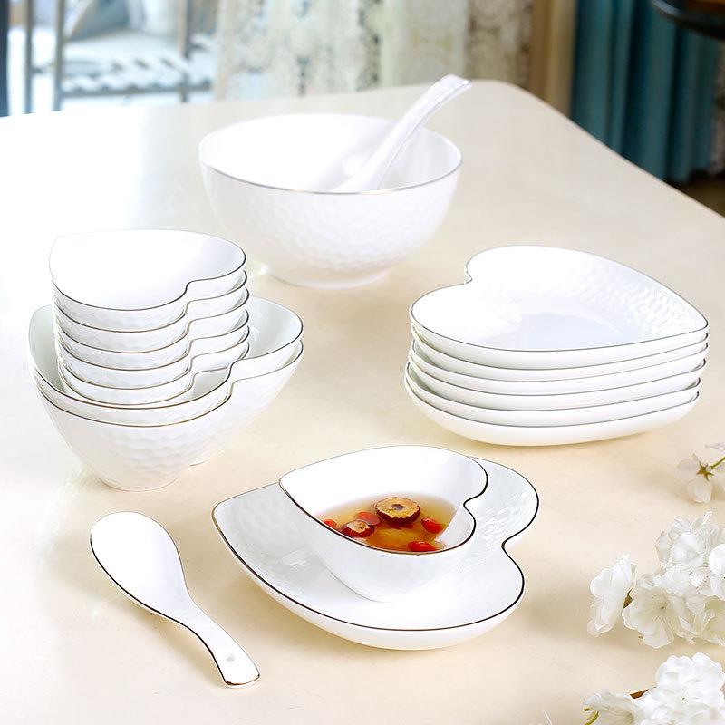 金边骨瓷餐具爱心碗碟套装家用陶瓷饭碗面碗大汤碗创意盘子菜盘