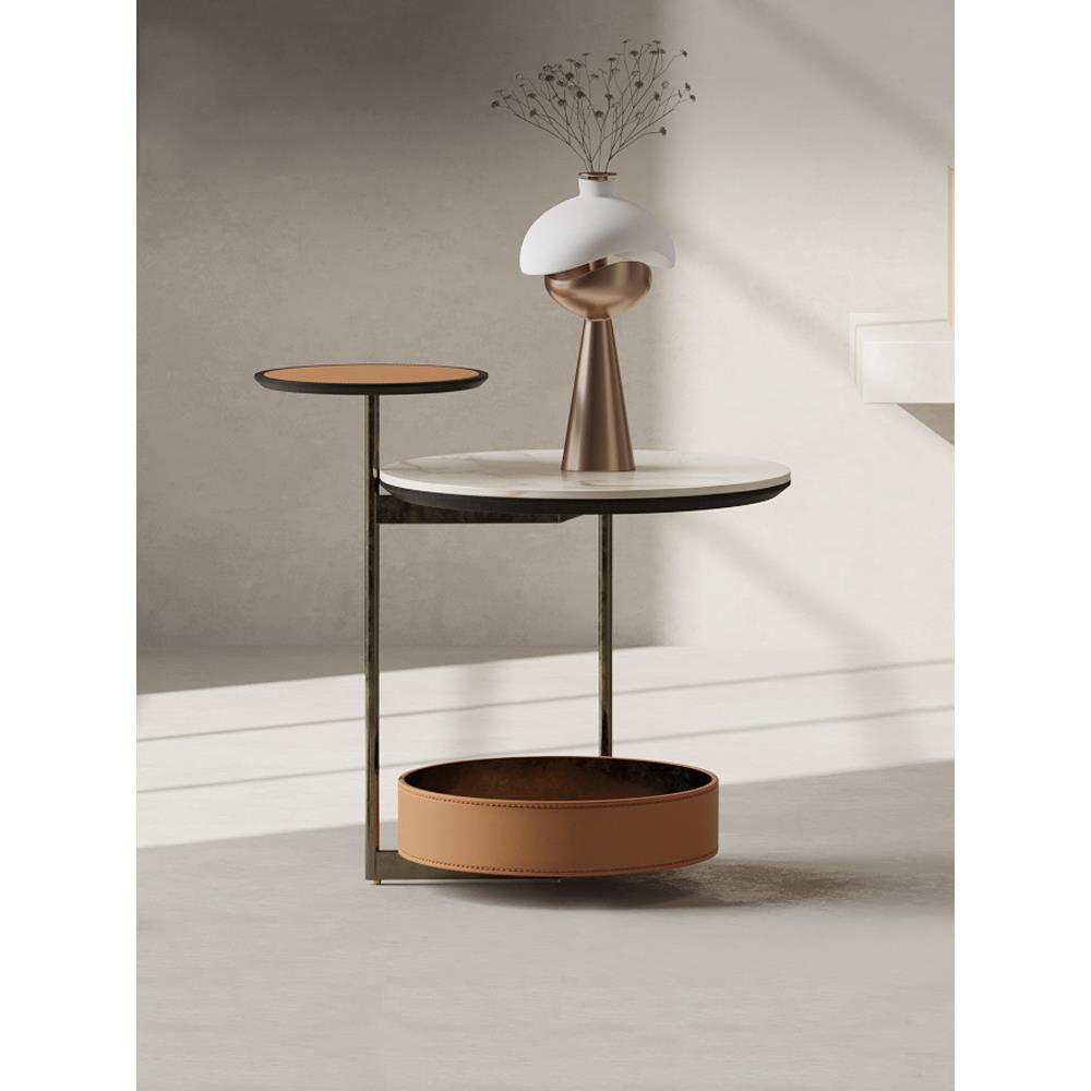 设计师沙发边几岩板极简轻奢马鞍皮客厅意式风精致阳台创意小茶几