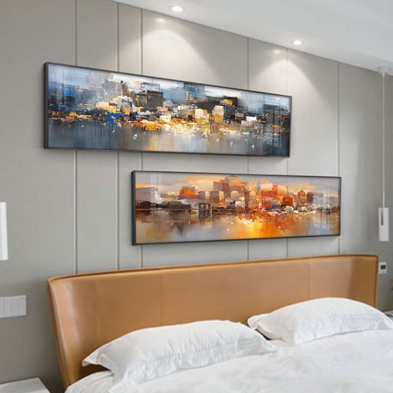 现代抽象主卧床头挂画卧室装饰画城市建筑壁画大气横版油画客厅画图片
