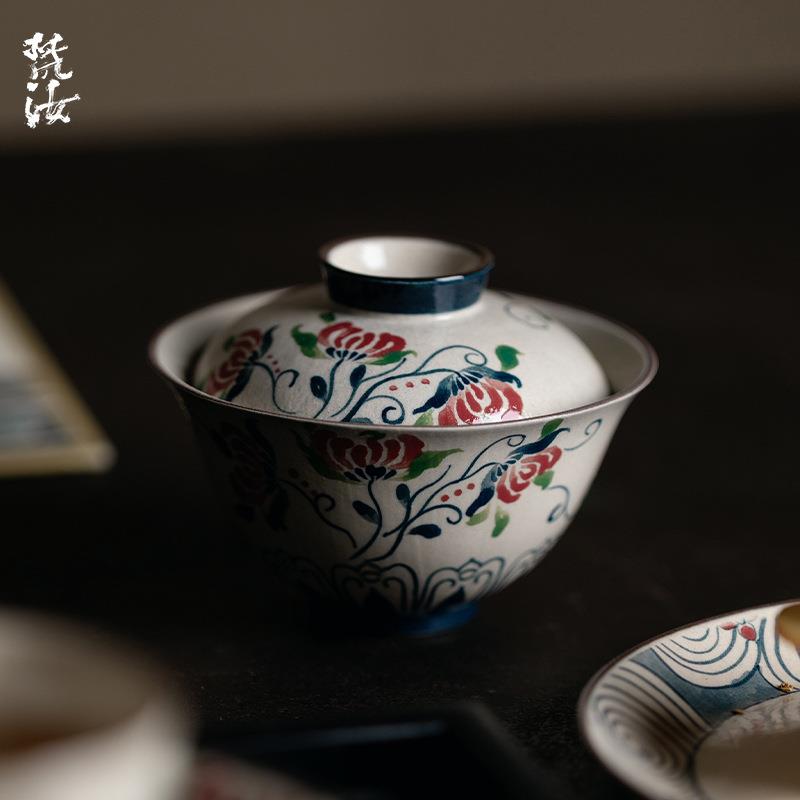 梵汝景德镇纯手绘彼岸花石花二才盖碗不烫手高档茶具釉下彩泡茶碗