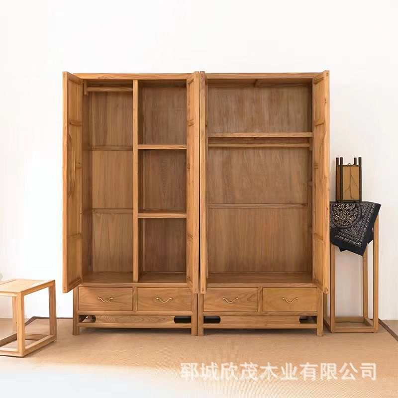 老榆木衣柜卧室简易收纳挂衣橱中式实木大储物整理衣柜木柜子