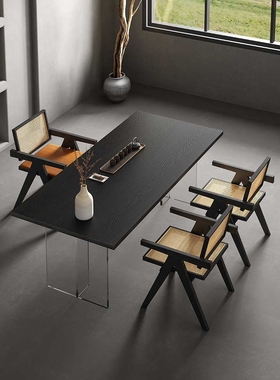 侘寂风炭化黑色实木极简风餐桌家用亚克力悬浮会议办公书桌小户型