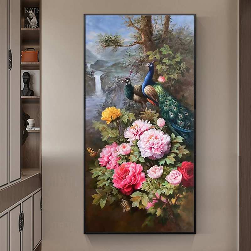 双孔雀花开富贵图玄关装饰画手绘油画新中式牡丹花客厅挂画寓意好