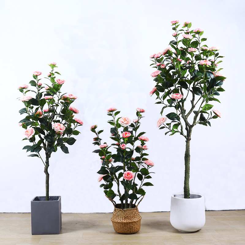 跨境仿真茶玫花树假山茶树盆栽植物室内客厅Tearosetree仿真盆景