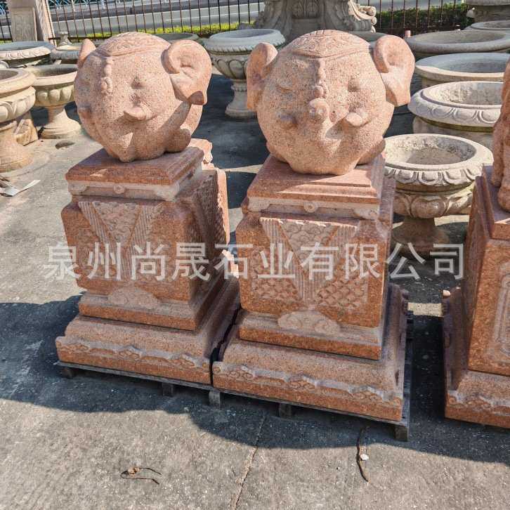 天山红石雕小象门墩抱鼓石一对大象石鼓印度红石墩户外别墅石摆件