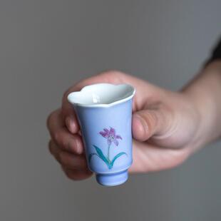 优茶道紫色手绘兰花主人闻香杯葵口陶瓷功夫聚香杯品茗杯单杯茶杯