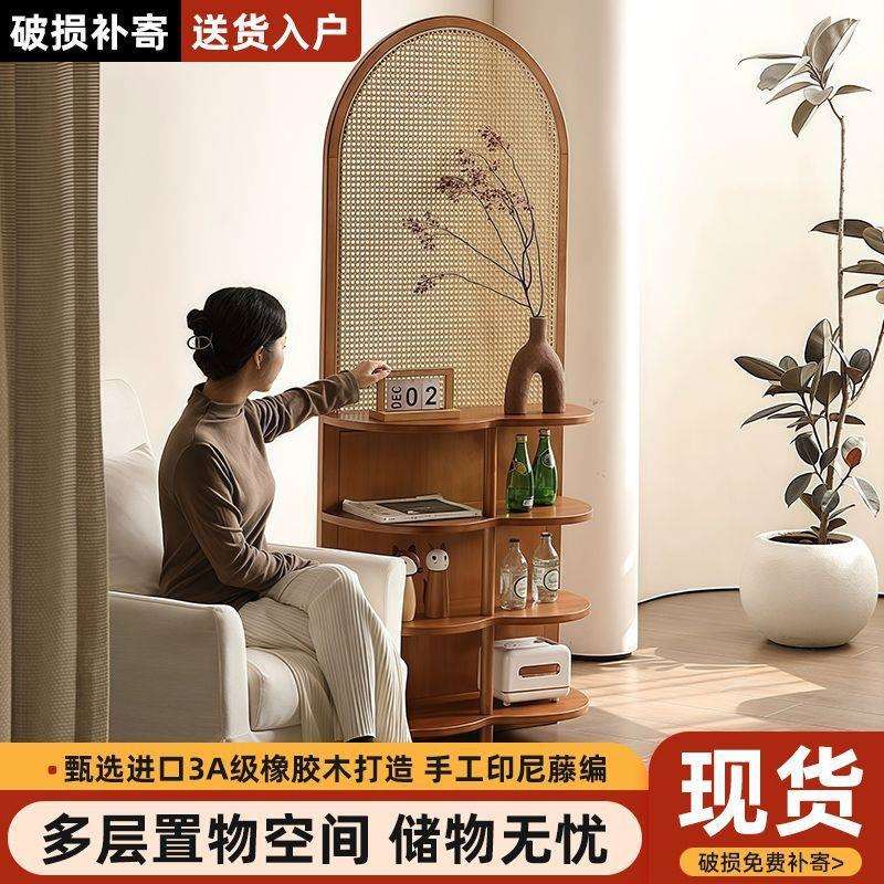 实木藤编屏风隔断客厅日式座屏中古玄关柜置物架移动高级入户简约