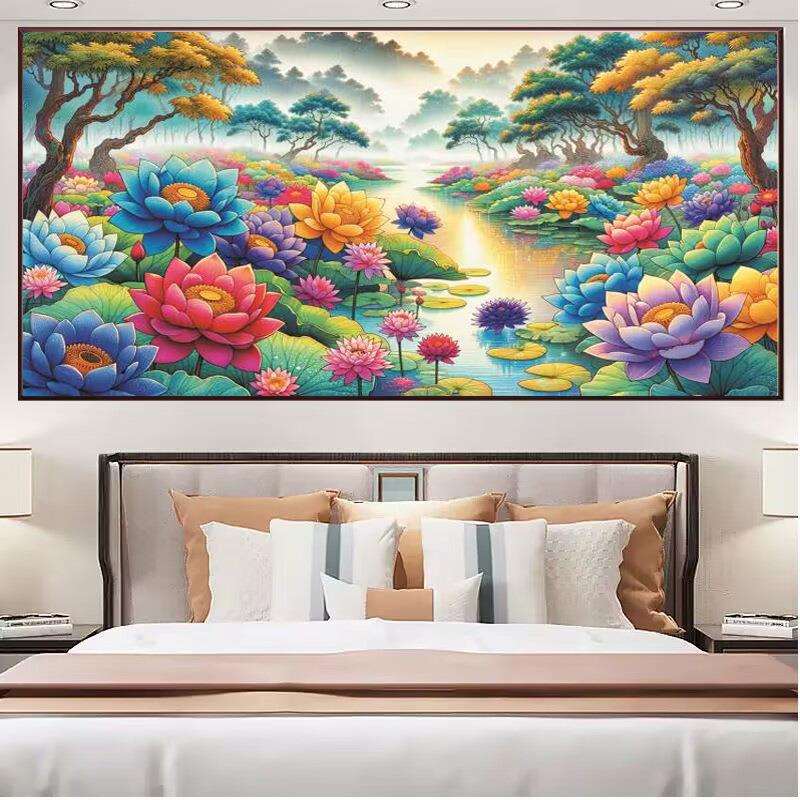 荷花风景十字绣迎客松山水画满绣客厅办公室大幅画