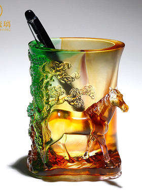 琉璃马笔筒摆件办公室老板桌面装饰品送领导O生日礼物升职定制刻