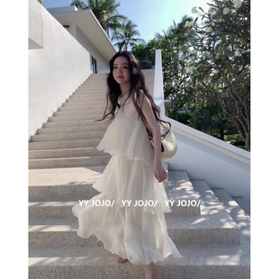 蛋糕裙长裙 宽松纯欲风海边度假无袖 法式 白色挂脖背心连衣裙女夏季