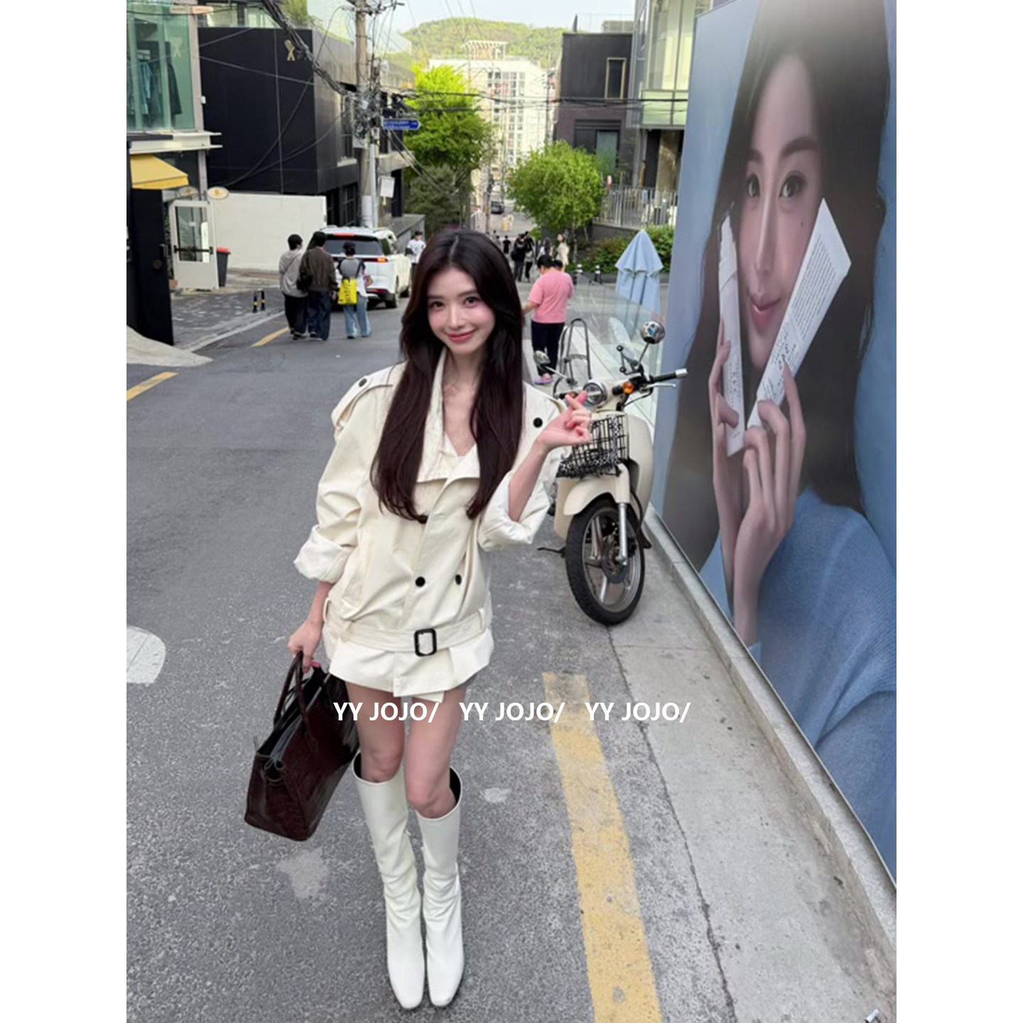 方圆同款韩系英伦风翻领风衣外套女春秋薄款双排扣中长款气质上衣