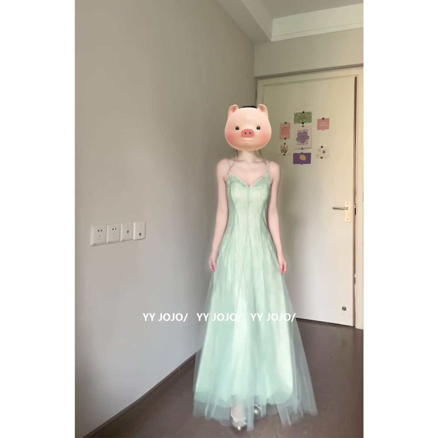 多巴胺绿色网纱v领吊带连衣裙女夏辣妹纯欲海边度假气质无袖长裙