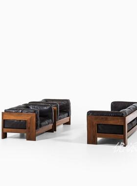 中古风原木底座黑色皮艺沙发客厅卧室小户型多人直排白蜡木沙发