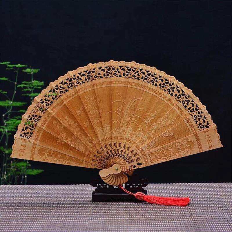 金丝楠崖柏木雕扇子镂空精美工艺品折扇夏日新款扇子景区厂家