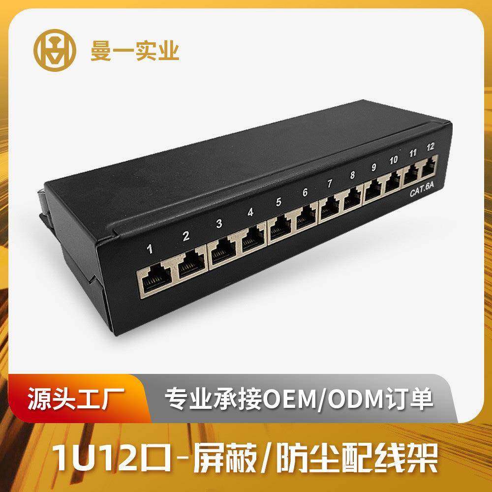 曼一12口网络配线架超六类五类屏蔽防尘弱电理线架cat.6a/5e RJ45