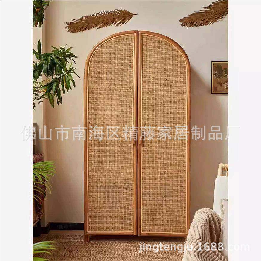 北欧简约藤编衣柜家用卧室天然藤编储物窗门衣柜设计师民宿衣柜