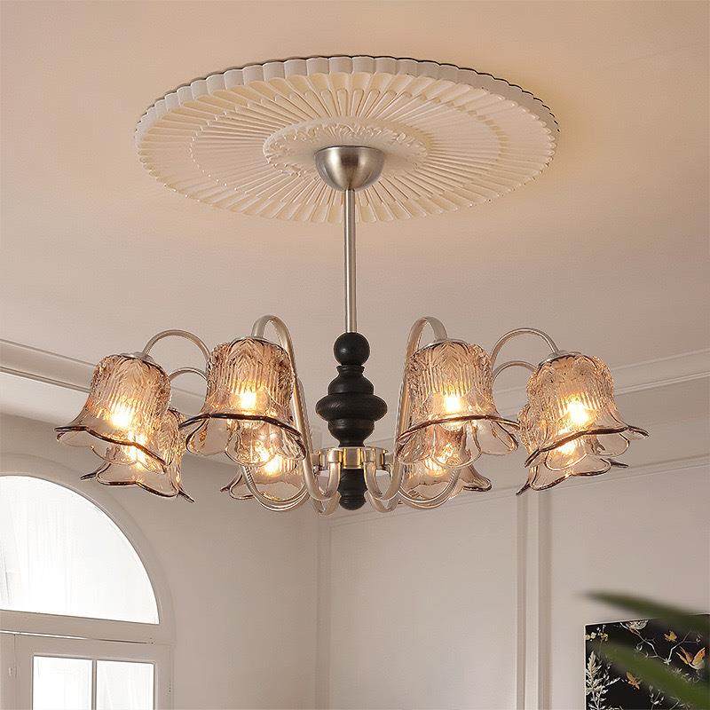 中古风客厅高级感琥珀色卧室灯实木餐厅灯美式复古灯创意花瓣吊灯