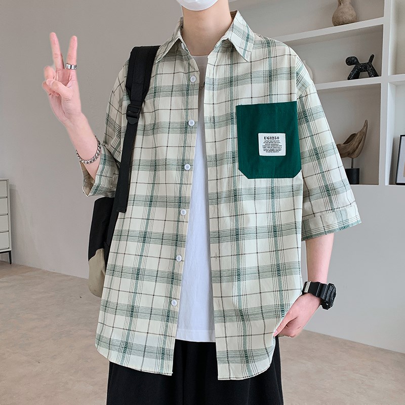 格子短袖衬衫男士夏季潮牌宽松七分袖衬衣青少年学生纯棉半袖外套