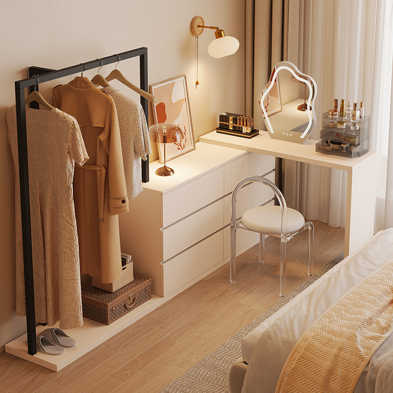 奶油风斗柜衣帽架一体实木梳妆台化妆桌收纳床尾柜落地挂衣架卧室