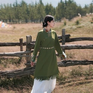 山中有桂枝 秋香绿藏风服饰 改良旗袍新中式盘扣流苏藏服连衣裙女