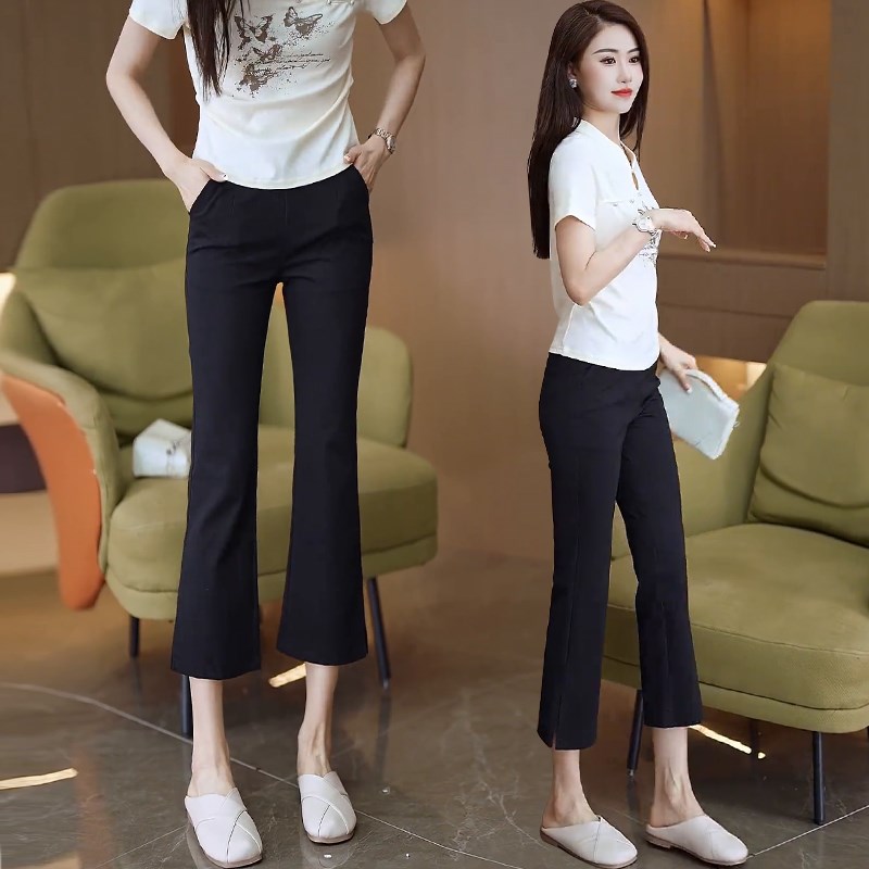 七分裤子女款2024新款夏季薄款九分裤小个子休闲黑色八分微喇叭裤