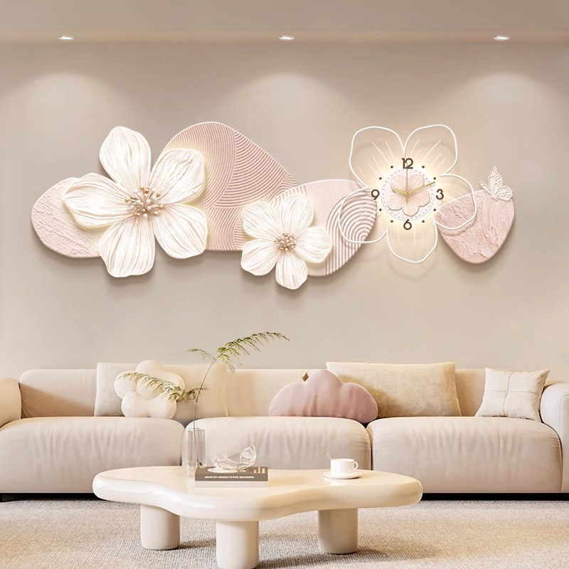 奶油风客厅装饰画创意花卉沙发背景墙挂画带钟表高级感卧室壁画灯图片