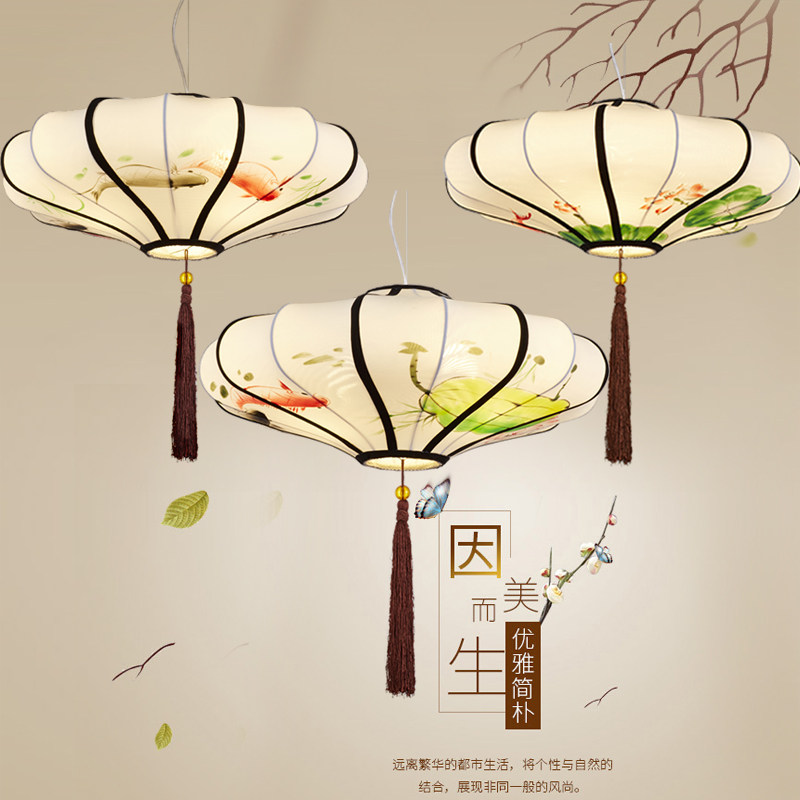 现代新中式仿古典宫灯布艺手绘画灯笼吊灯中国风餐厅饭店茶楼灯具