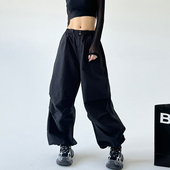 美式 子女 2024宽松直筒高街跳舞裤 复古褶皱抽绳伞兵工装 裤