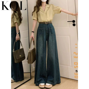 直筒长裤 美式 水洗高腰宽松显瘦喇叭大脚裤 裙女秋季 复古阔腿牛仔裤