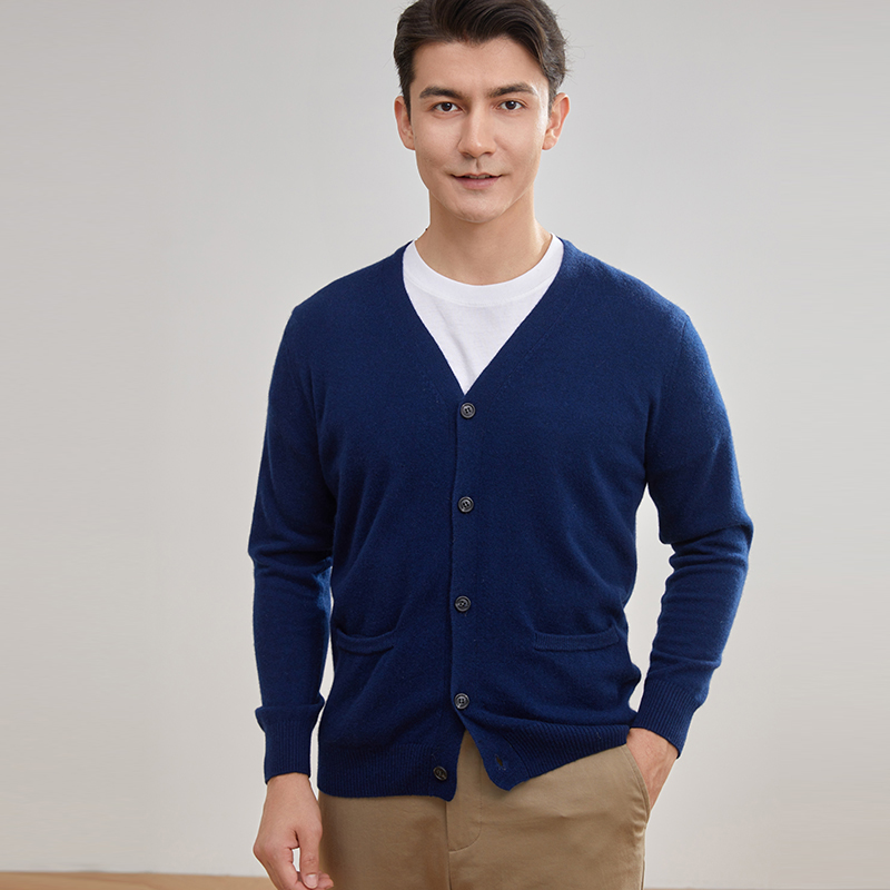 秋冬100纯山羊绒开衫男2023年新款V领宽松纯色毛衣外套长袖针织衫