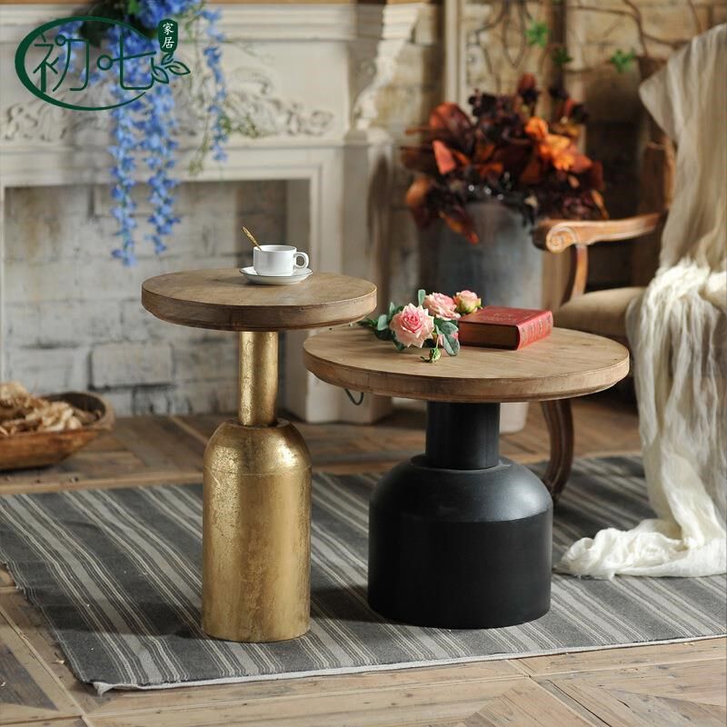 美式乡村复古茶几民宿客厅沙发圆形角几边几工业风花店装饰小圆桌