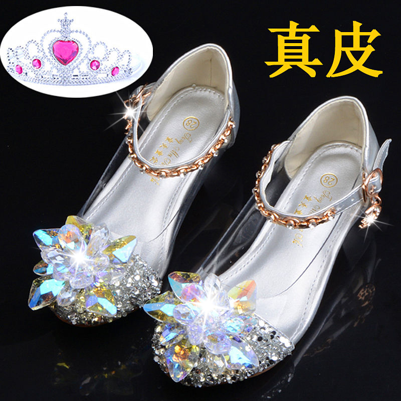 2021春秋新款儿童灰姑娘水晶鞋韩版真皮女童皮鞋高跟演出公主单鞋