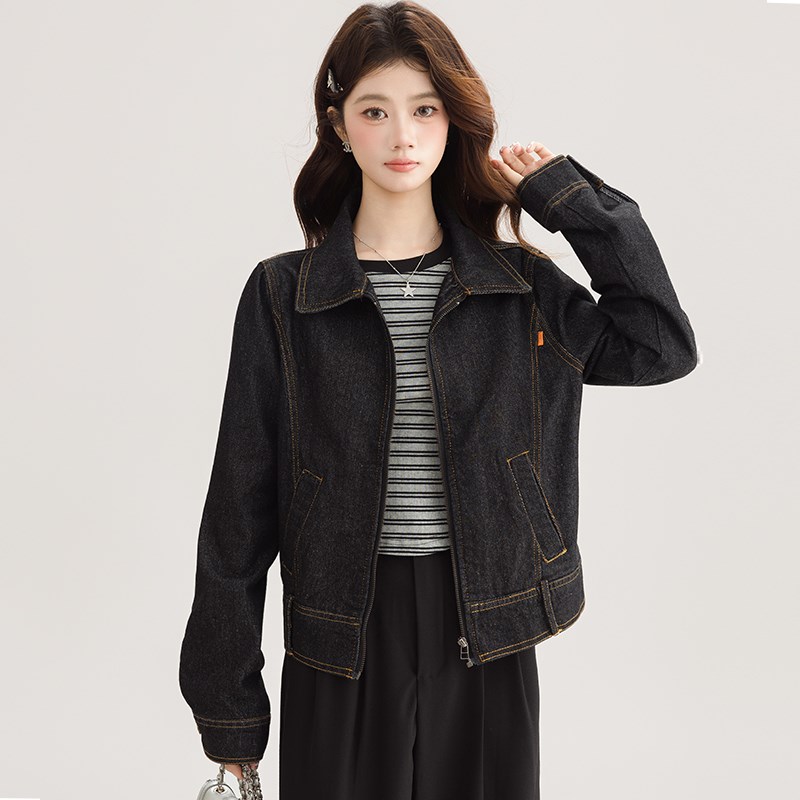 开春牛仔短外套女春秋2025新款黑色修身高级感工装牛仔服夹克上衣