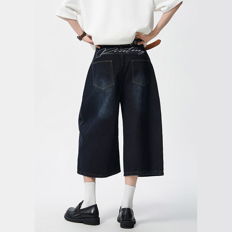 美式复古弯刀牛仔短裤男夏季高街字母刺绣阔腿七分裤宽松直筒裤子