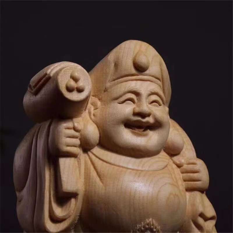 桧木雕刻大黑天门护法七福木质工艺品像木雕摆件